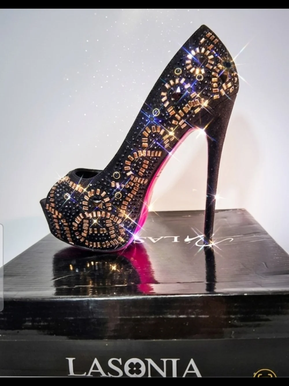 NEW Lasonia Black Rhinestone Platform Heels Open Peep Toe Stiletto Size 6 NIB